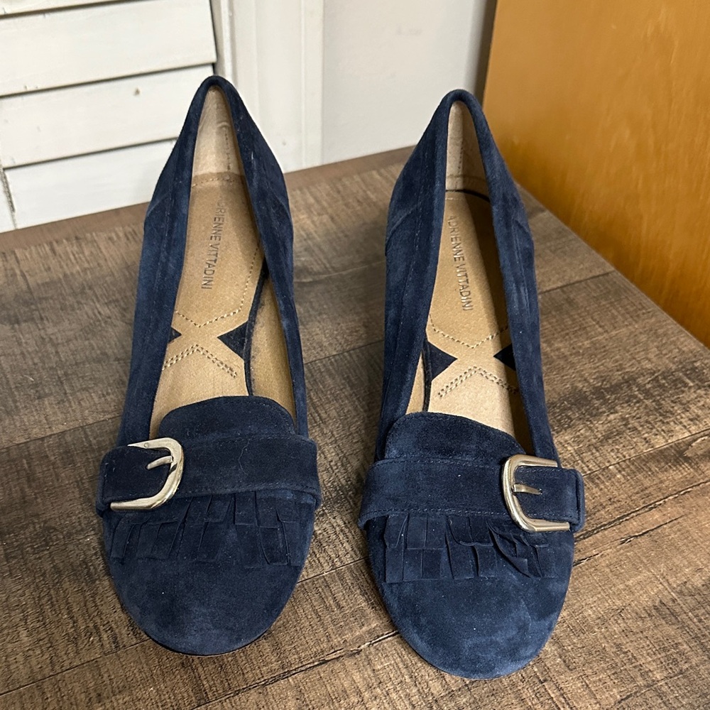 Adrienne Vittadini Navy Suede Heels with Buckle